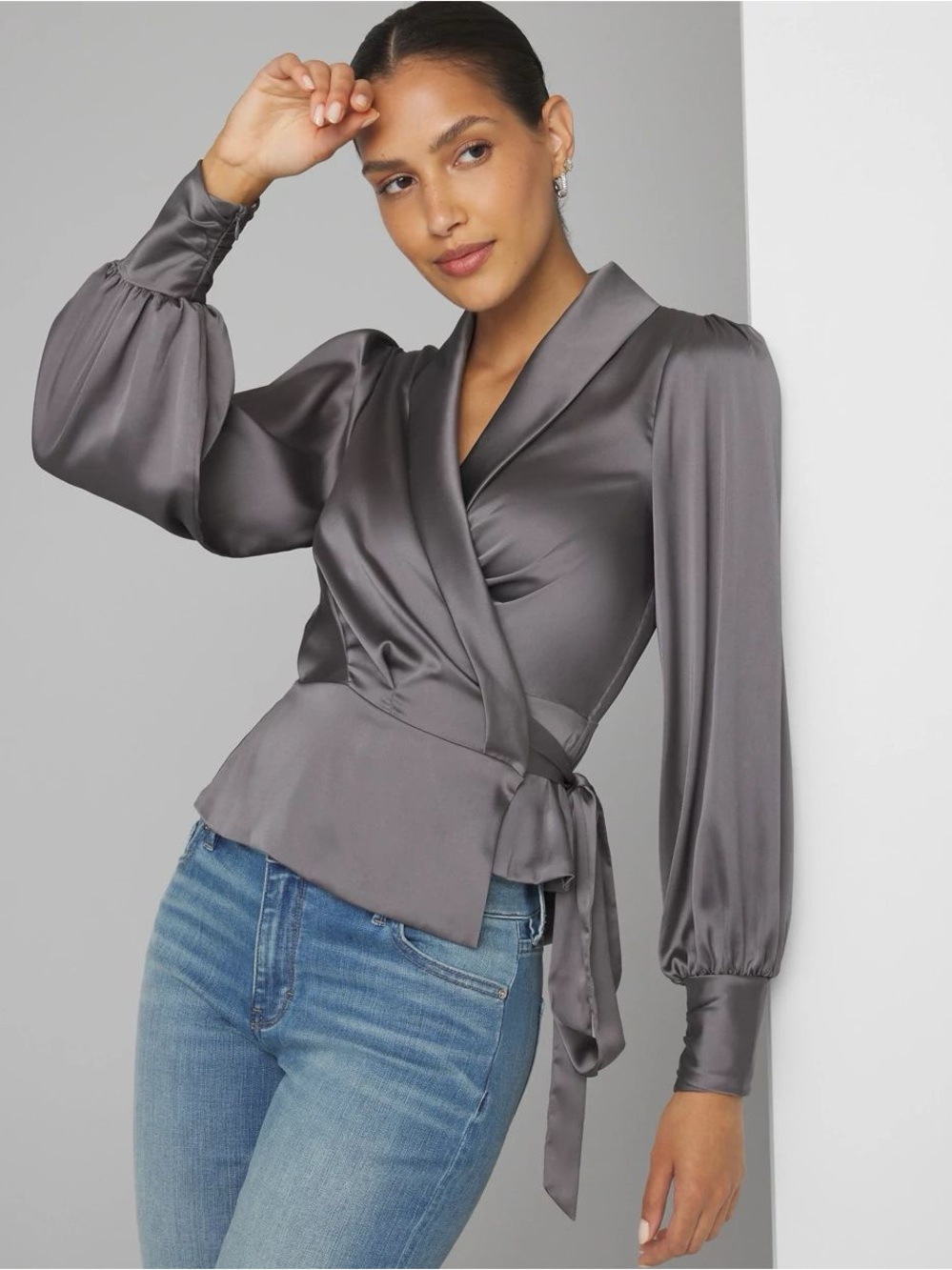WHBM LS Wrap Satin Blouse